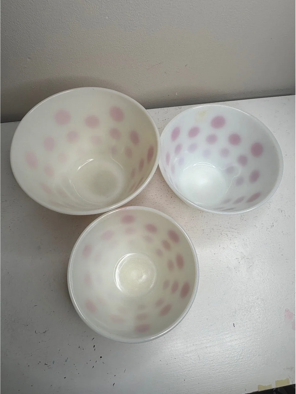 Vintage Fire King Red Polk Dot Milk Glass Oven Ware Mixing Bowl Set of 3